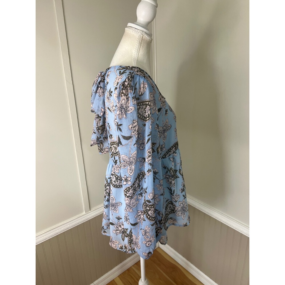 American Eagle Light Blue Paisley Floral Babydoll Tie Back Blouse Top Small - Picture 11 of 11